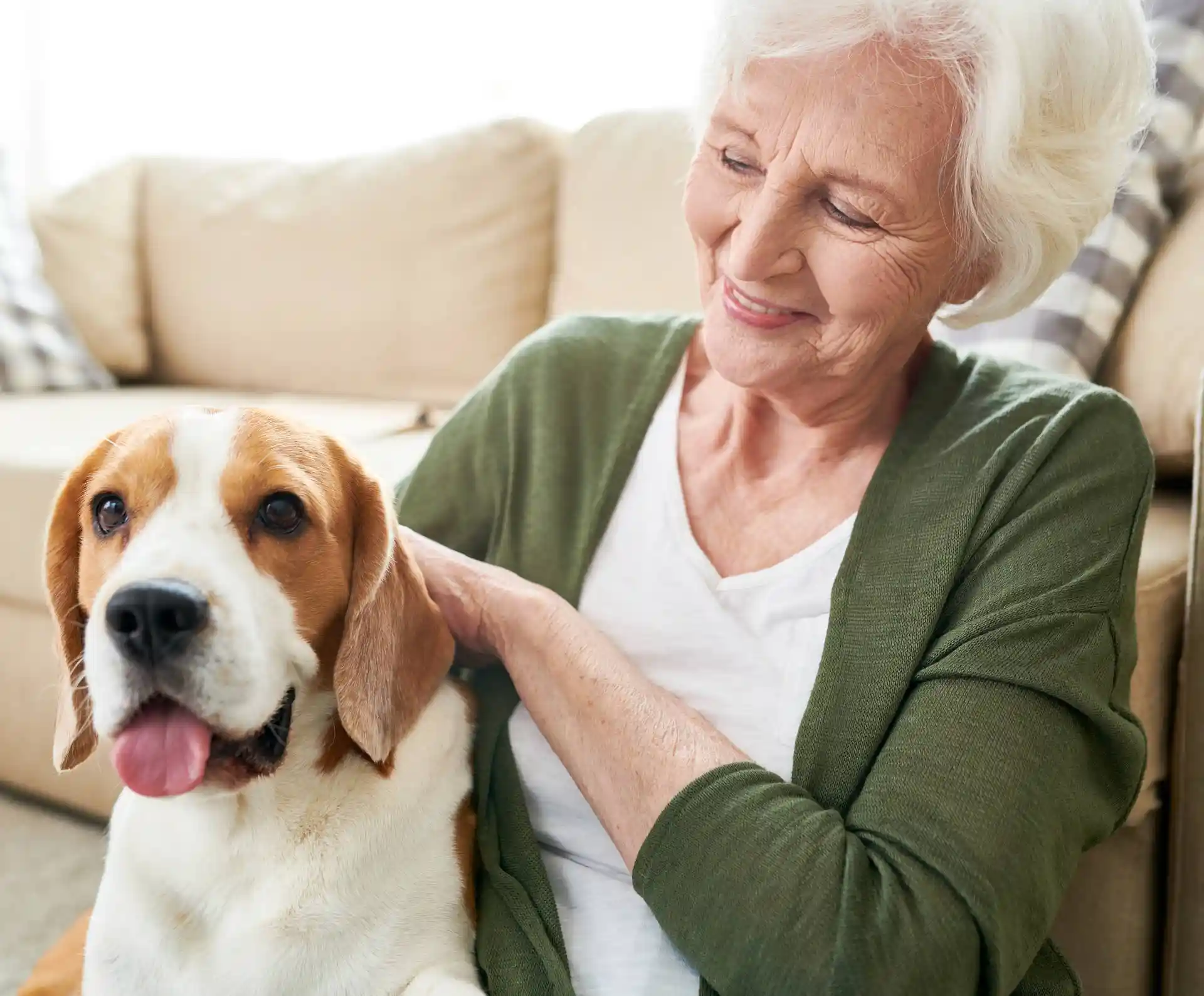 Woman on leather sofa with dog