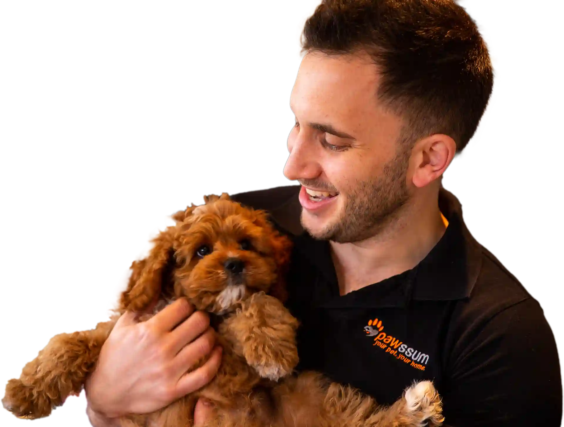 Smiling vet holding fluffy doodle-type dog